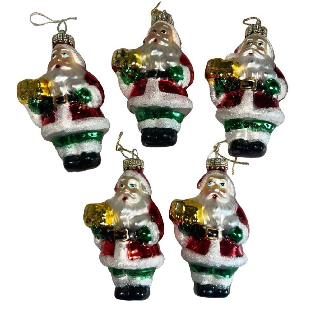 Vintage Blown Glass Christmas Ornaments 5 Pc Santa Claus Glitter Train
